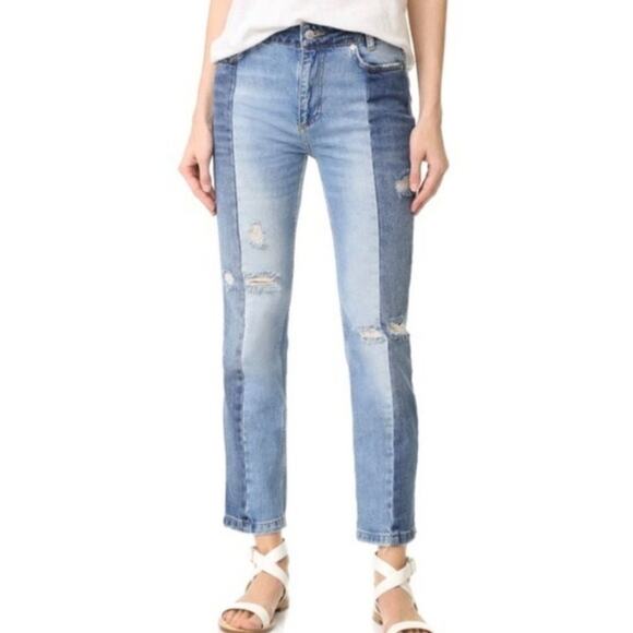 Free People Patchwork 2 Tone Boyfriend Jeans Sz 27 High Rise Cropped Distressed - Picture 10 of 12